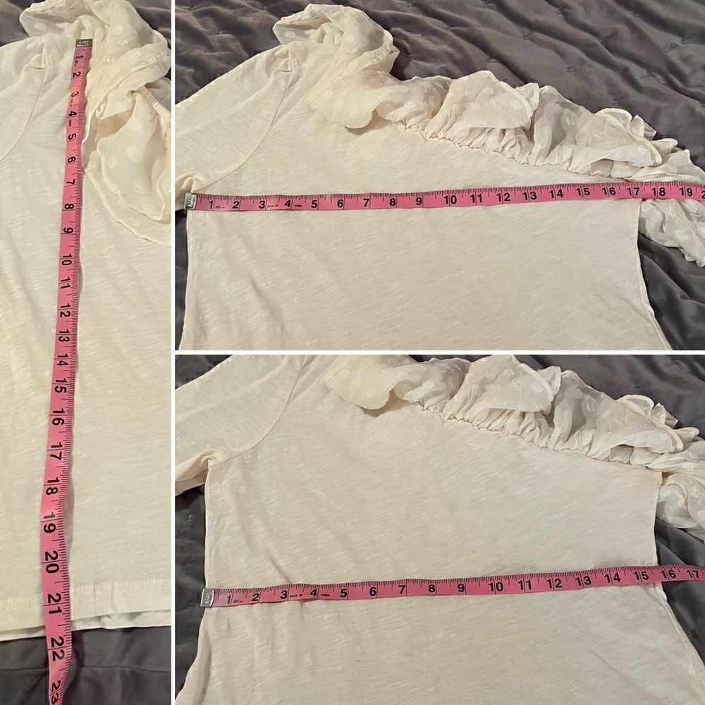 Anthropologie Sheer Polka Dot Ruffle One Shoulder Top Cotton Long Sleeve Cream L - Picture 11 of 11